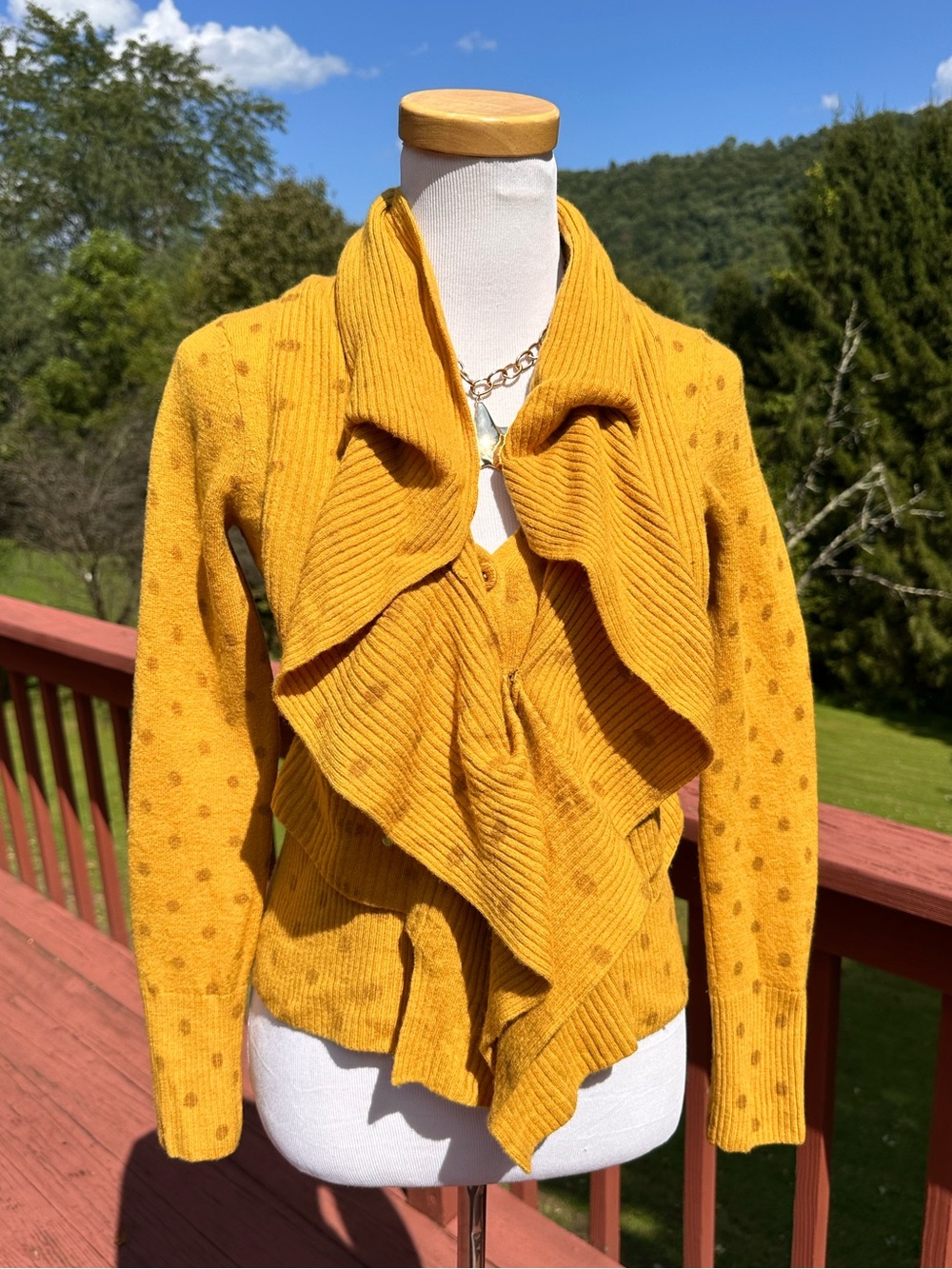 Anthropologie Moth Van Wrinkle Ruffle Neck Cardigan Saffron Polka Dot